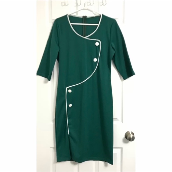 NWOT Abstract Faux Button Dress L-XL Fit Half Sleeve Green White Back Zipper - Picture 1 of 6